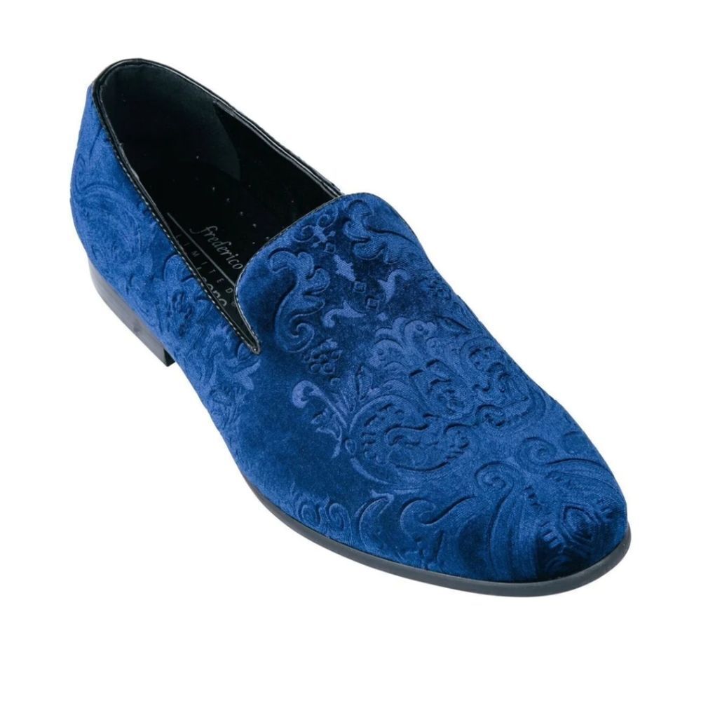 MEN'S FREDERICO LEONE BLUE SLIP ON VELVET JACQUARD TUXEDO SHOE.